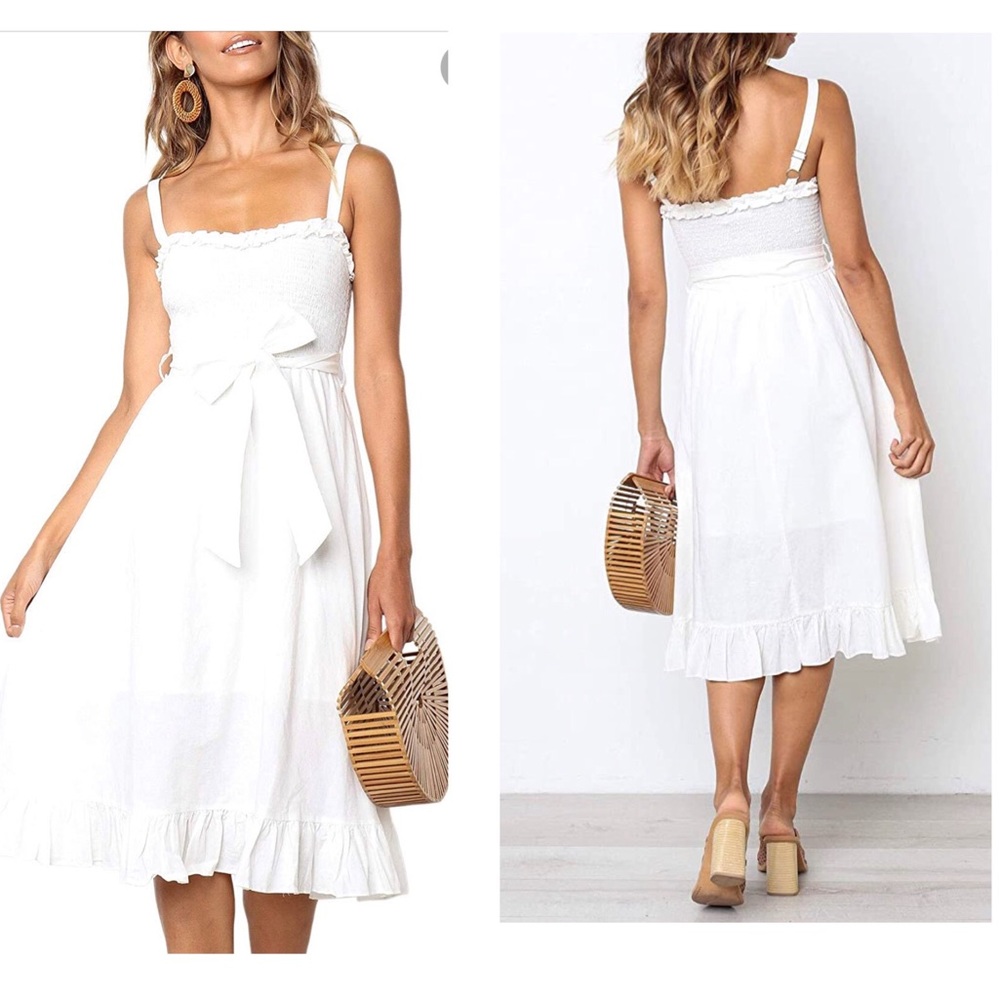 ZESICA Bohemian Spaghetti Strap Tie Waist Dress XL